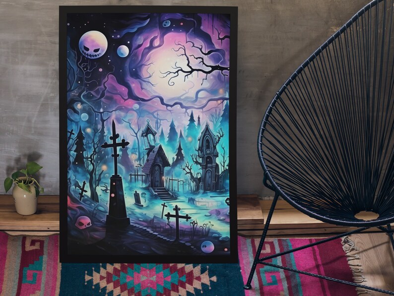 May include: A digital painting depicting a spooky graveyard at night. The scene is set in a forest with tall trees and a full moon in the sky. There are several tombstones and a small building with a door and windows. The painting is rendered in a dark and mysterious style with shades of purple, blue, and green.