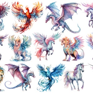 May include: Watercolour painting of 14 mythical creatures with wings, including a phoenix, a dragon, a griffin, a unicorn, and a pegasus. The creatures are depicted in various poses and colours, with a white background.