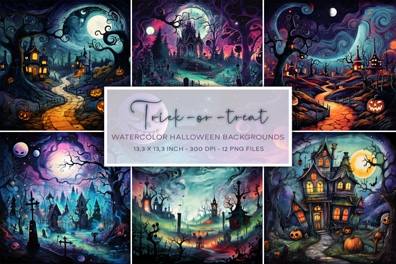 Halloween Watercolor Backgrounds, Trick-or-Treat, Halloween Background, Instant Download, Halloween Themed Digital Paper, Jack-o-Latern