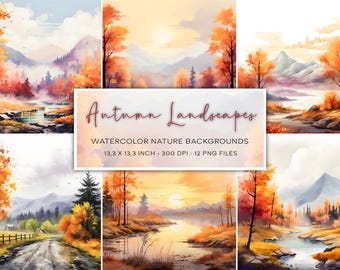 Autumn Watercolor Landscape Backgrounds, Fall Colors (Digital Paper)