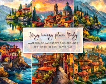 Fondos de acuarela de paisajes italianos, fondos de paisajes, acuarela italiana, papel digital, fondo de acuarela, fondos de viaje