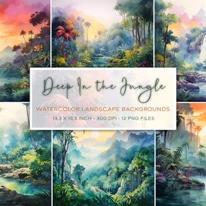 Jungle Landscape Watercolor Backgrounds, Landscape Backgrounds, Jungle, Digital Paper, Watercolor Background, Exotic Backgrounds