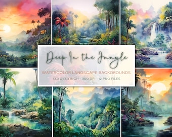 Jungle Landscape Watercolor Backgrounds, Landscape Backgrounds, Jungle, Digital Paper, Watercolor Background, Exotic Backgrounds