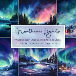 Fondo de acuarela de auroras boreales, aurora boreal, fondos de paisajes invernales, fondo de Navidad, tarjeta navideña, luces de aurora