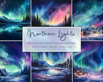 Northern Lights Watercolor Background, Aurora Borealis, Winter Landscape Backgrounds, Cristmas Background, Christmas Card, Aurora Lights