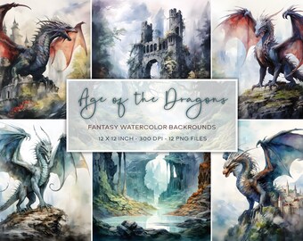 Age Of The Dragons Watercolor Backgrounds, Fantasy Backgrounds, Dragon Scrapbooking, Digital Paper, Watercolor Dragon Clipart