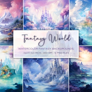 ファンタジーの世界の水彩画の背景、ファンタジー、おとぎ話の背景、ファンタジー風のデジタルペーパー、即時ダウンロード、ファンタジーデジタルペーパー