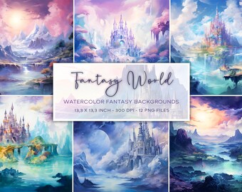 Fantasy World Watercolor Backgrounds, Fantasy, Fairytale Background, Fantasy Inspired Digital Paper, Instant Download, Fantasy Digital Paper