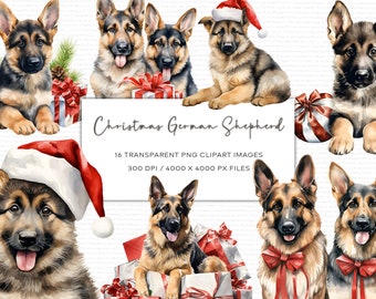 Imágenes prediseñadas de acuarela de pastor alemán navideño, imágenes prediseñadas de perros navideños, PNG transparente, PNG de perros navideños, diario de recortes, tarjeta navideña de perro