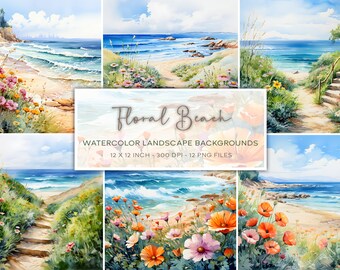 Floral Beach Watercolor Backgrounds, Coastal Scenery (Digital Download)