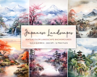 Japanese Landscape Watercolor Backgrounds, Digital Paper (PNG)