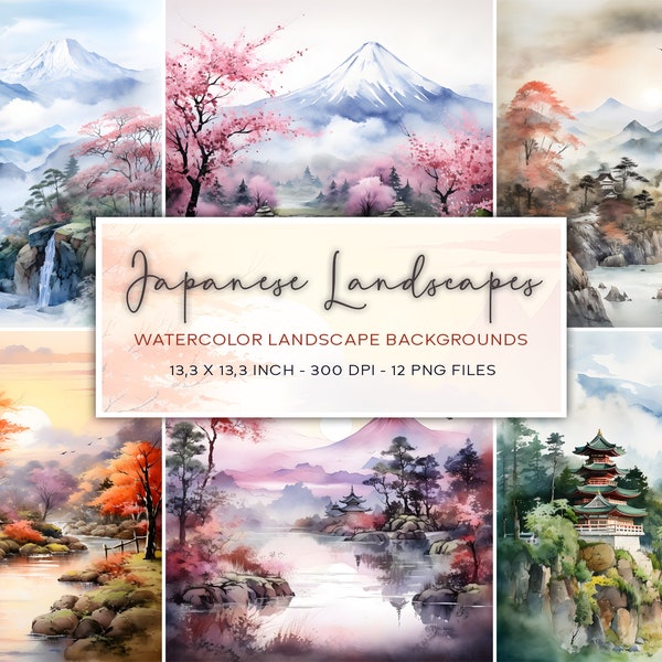 Japanese Inspired Watercolor Backgrounds, Landscape Backgrounds, Japan, Nature, Digital Paper, Watercolor Background, Travel Backgrounds