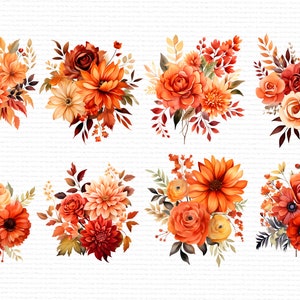 Puede incluir: Ocho ilustraciones de acuarela de ramos florales de oto&ntilde;o con diferentes flores, hojas y bayas de color naranja, rojo y amarillo.