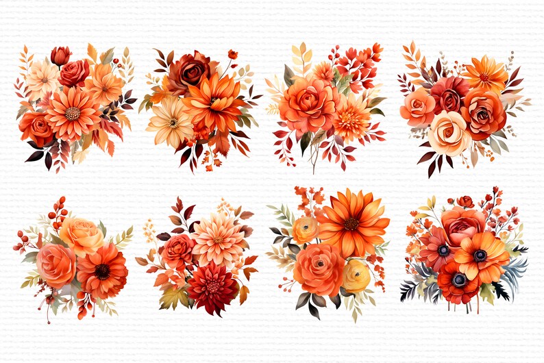 Puede incluir: Ocho ilustraciones de acuarela de ramos florales de oto&ntilde;o con diferentes flores, hojas y bayas de color naranja, rojo y amarillo.