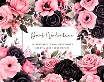 Imágenes prediseñadas de flores de acuarela oscuras para San Valentín, PNG transparente (descarga digital)