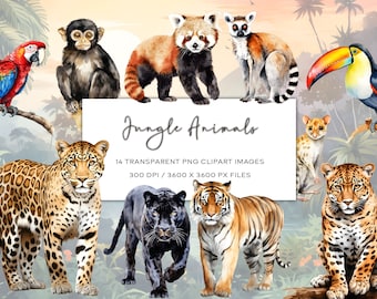 Imágenes prediseñadas de animales de la selva en acuarela, imágenes PNG exóticas (descarga digital)