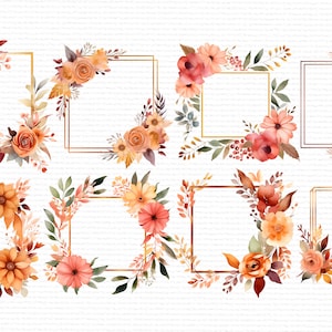 Puede incluir: Ocho marcos florales de acuarela con bordes dorados. Cada marco presenta una disposici&oacute;n diferente de flores, hojas y ramas de color naranja, rojo y amarillo.