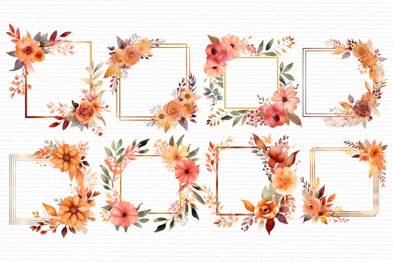 Puede incluir: Ocho marcos florales de acuarela con bordes dorados. Cada marco presenta una disposici&oacute;n diferente de flores, hojas y ramas de color naranja, rojo y amarillo.