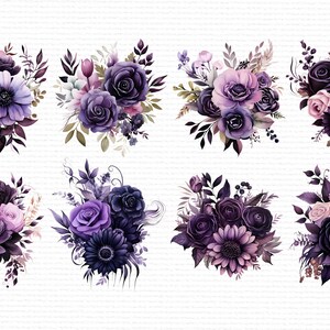 May include: Eight watercolor illustrations of purple and pink flower bouquets. Each bouquet features a variety of flowers, including roses, anemones, and daisies. The bouquets are arranged in a circular shape and are surrounded by green leaves.