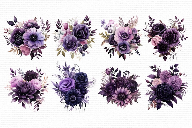 May include: Eight watercolor illustrations of purple and pink flower bouquets. Each bouquet features a variety of flowers, including roses, anemones, and daisies. The bouquets are arranged in a circular shape and are surrounded by green leaves.