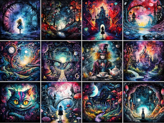 Alice in Wonderland Inspired Watercolor Backgrounds, Dark