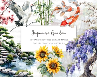 Japanese Garden Watercolor Clipart, Japanese Inspired Clipart, Watercolor, Cherry Blossom, Koi Fish Clipart, Transparent PNG, Commercial Use