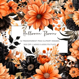 Aquarell Halloween Blumen Clipart, transparentes PNG, Blumen Clipart, Orange Blumen Clipart, schwarze Blumen Clipart, Halloween-Thema