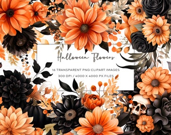 Watercolor Halloween Flowers Clipart, Transparent PNG, Floral Clipart, Orange Flowers Clipart, Black Flowers Clipart, Halloween Themed
