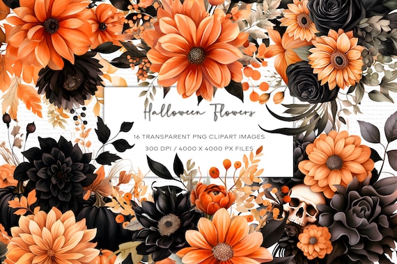 Watercolor Halloween Flowers Clipart, Transparent PNG, Floral Clipart, Orange Flowers Clipart, Black Flowers Clipart, Halloween Themed