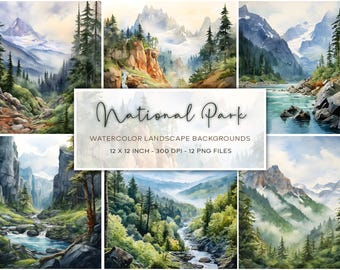 Fondos de acuarela de parques nacionales, fondos de naturaleza, paisajes en acuarela, papel digital, naturaleza pura, naturaleza salvaje, scrapbooking