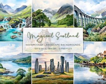 Scotland Landscape Watercolor Backgrounds, Landscape Background, Scotland Inspired, Digital Paper, Watercolor Background, Travel Backgrounds