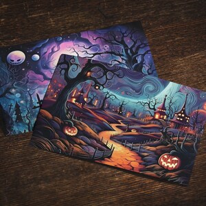 May include: Two Halloween-themed illustrations featuring a spooky forest with a winding path, a moon, and jack-o'-lanterns. The illustrations are printed on card stock.