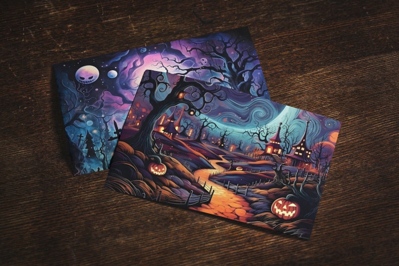 May include: Two Halloween-themed illustrations featuring a spooky forest with a winding path, a moon, and jack-o'-lanterns. The illustrations are printed on card stock.