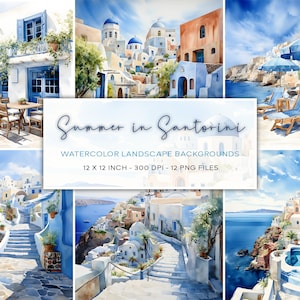 Arrière-plans aquarelle de Santorin, aquarelle de Grèce, inspiration Santorin, fond d'été, papier numérique, téléchargement immédiat, scrapbooking