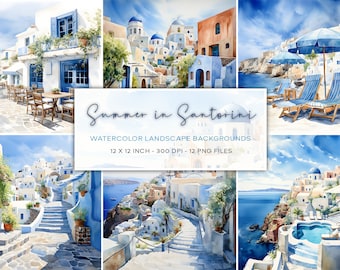 Fondos de acuarela de Santorini, acuarela de Grecia, inspiración de Santorini, fondo de verano, papel digital, descarga instantánea, scrapbooking