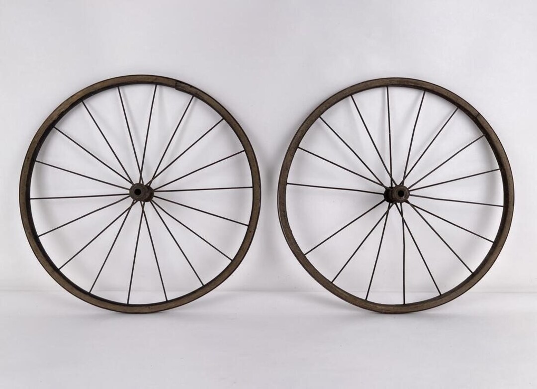 Antique Pair Wood Rim Steel Spoke and Wheel Bicycle Cart Wagon Wheels