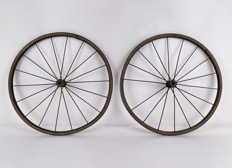 Antique Pair Wood Rim Steel Spoke and Wheel Bicycle Cart Wagon Wheels