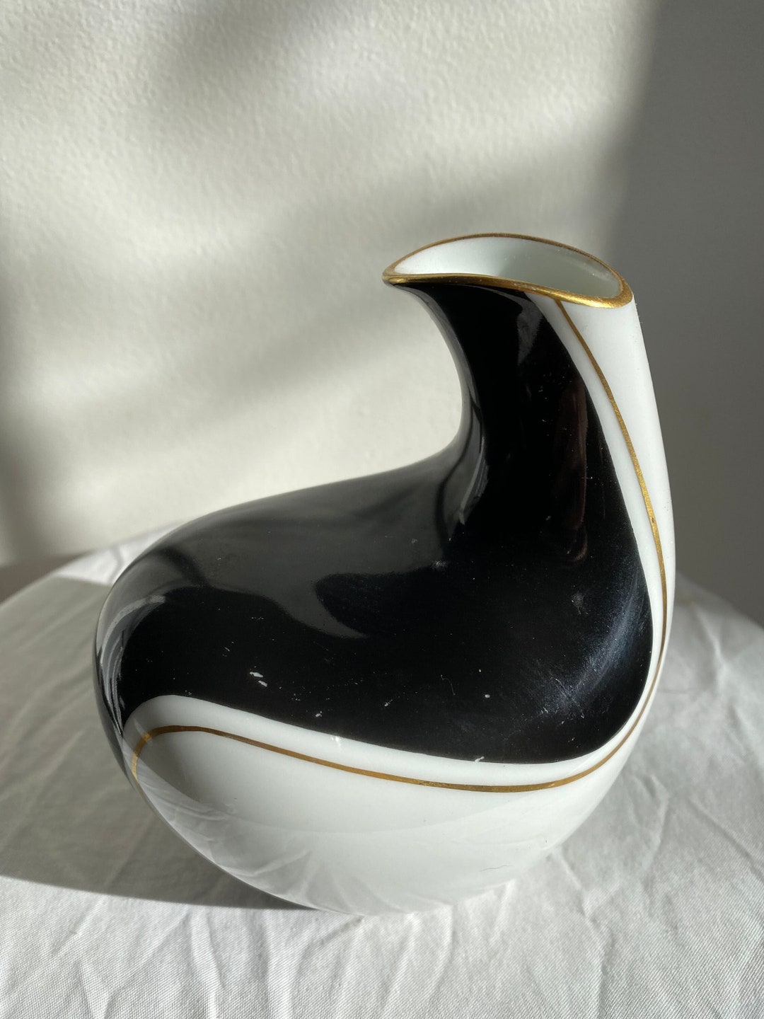 Vintage Rosenthal Vase Black and White Gold Leaf Mid Century Porcelain