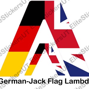 May include: A black and white letter A with the German and British flags on either side. The German flag is on the left side and the British flag is on the right side. The text "German-Jack Flag Lambda" is below the letter A.