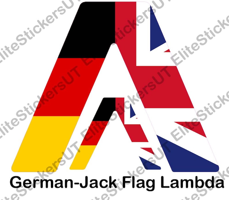 May include: A black and white letter A with the German and British flags on either side. The German flag is on the left side and the British flag is on the right side. The text "German-Jack Flag Lambda" is below the letter A.
