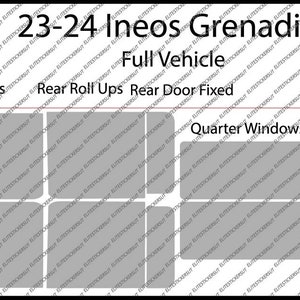 May include: Diagram showing the window layout for a 2023-2024 Ineos Grenadier. The diagram shows the front roll-up windows, rear roll-up windows, rear door fixed windows, and quarter windows.