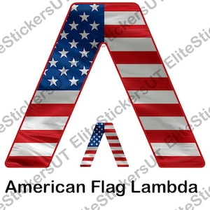 May include: A red, white, and blue American flag design in the shape of the Greek letter lambda. The flag is stylized with a wavy, flowing pattern.