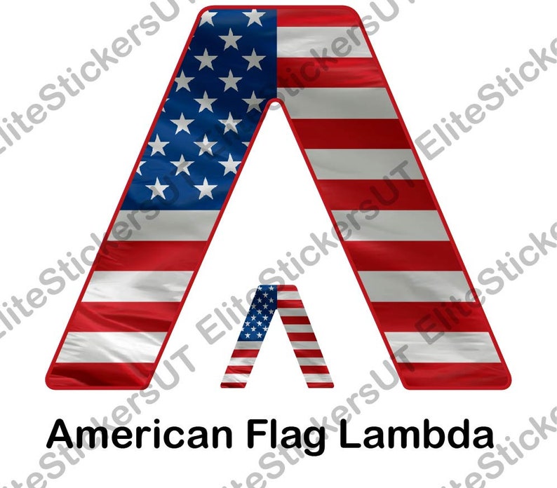 May include: A red, white, and blue American flag design in the shape of the Greek letter lambda. The flag is stylized with a wavy, flowing pattern.