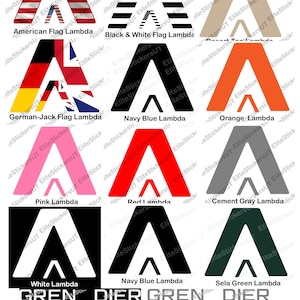 May include: A collection of ten different colored Lambda logos, each with a different color and design. The logos are arranged in a grid pattern, with the text "GREN DIER" at the bottom of the image.