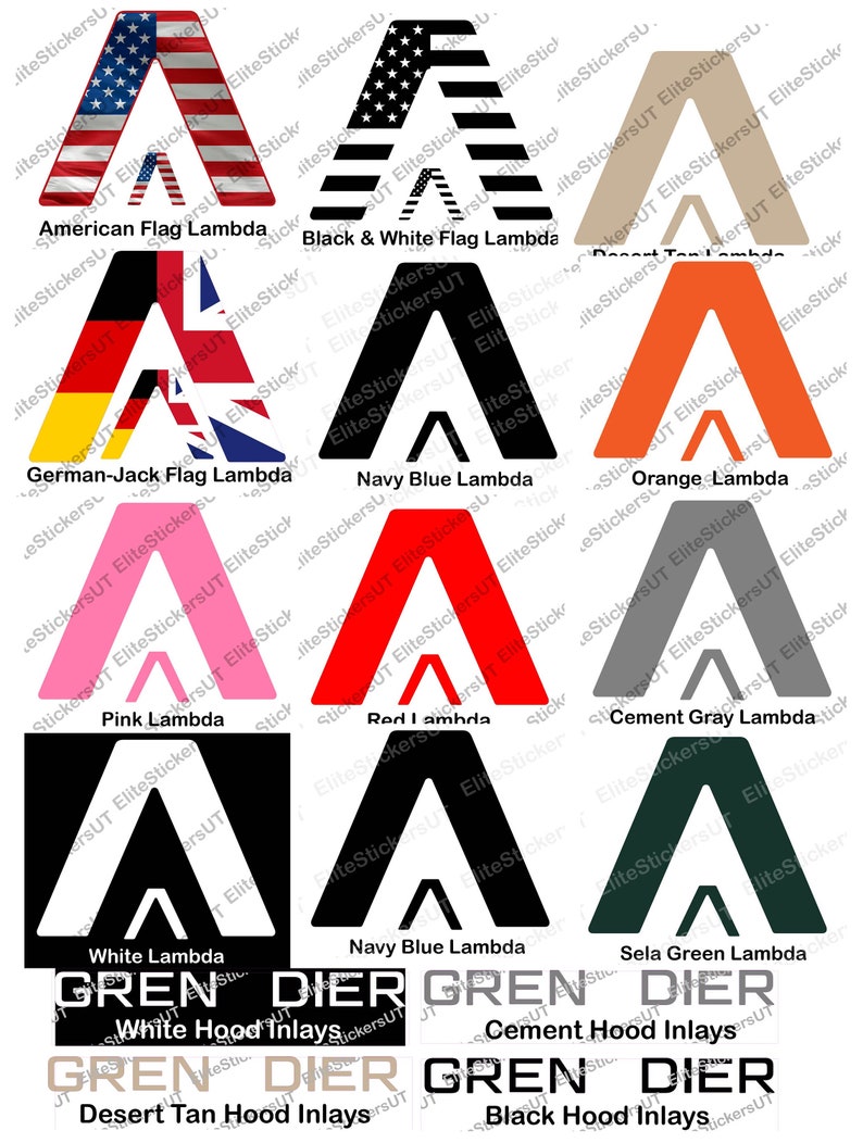 May include: A collection of ten different colored Lambda logos, each with a different color and design. The logos are arranged in a grid pattern, with the text "GREN DIER" at the bottom of the image.