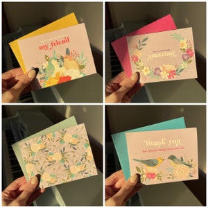 Tarjetas de la amistad con pájaros y flores - Paquete de 4
