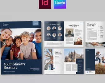 Modello di brochure per chiese, ideale per la pastorale giovanile, organizzazioni benefiche senza scopo di lucro e ONG (INDD, IDML, Canva)