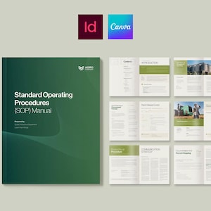 Puede incluir: Un manual verde titulado "Standard Operating Procedures (SOP) Manual" con el logotipo de Agro Company. El manual est&aacute; abierto para mostrar varias p&aacute;ginas con texto e im&aacute;genes. Dos logotipos de aplicaciones, "Id" y "Canva", est&aacute;n en la esquina superior.