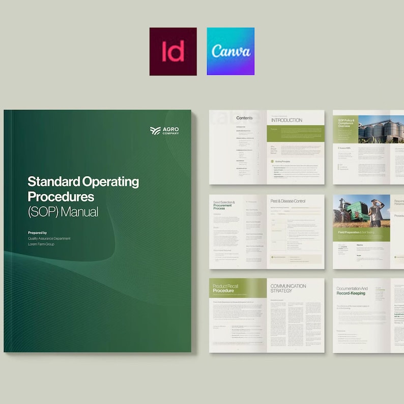 Puede incluir: Un manual verde titulado "Standard Operating Procedures (SOP) Manual" con el logotipo de Agro Company. El manual est&aacute; abierto para mostrar varias p&aacute;ginas con texto e im&aacute;genes. Dos logotipos de aplicaciones, "Id" y "Canva", est&aacute;n en la esquina superior.
