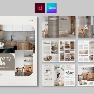 Könnte beinhalten: Eine Broschüre für das Unternehmen Wooden Furniture Industry Co. Ltd. Das Cover zeigt eine Küche mit Holzmöbeln und einem runden Tisch. Die Innenseiten präsentieren Möbel, Dienstleistungen und Teaminformationen. Das Design ist modern.